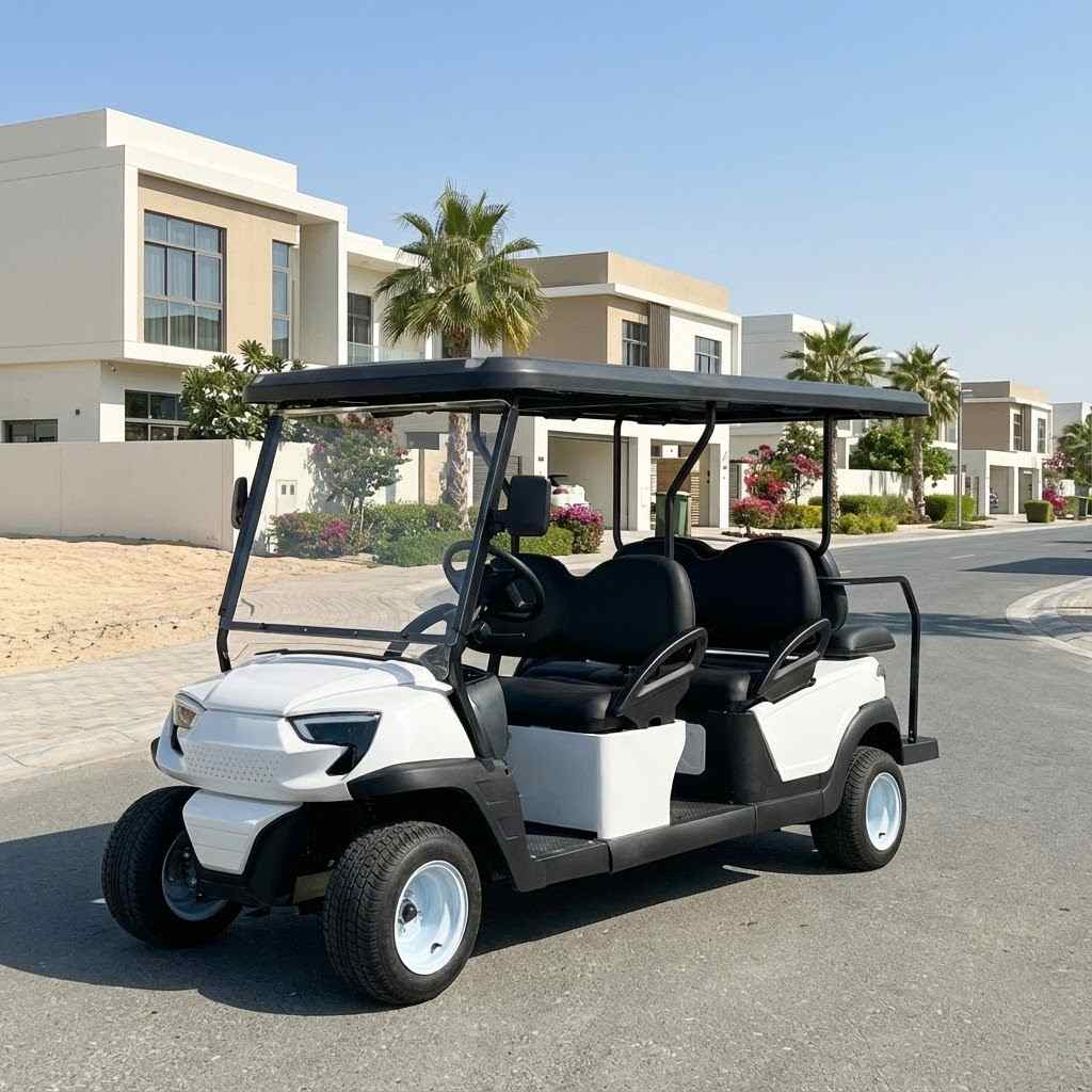 White and black golf cart on a road with buildings and palm trees in the background