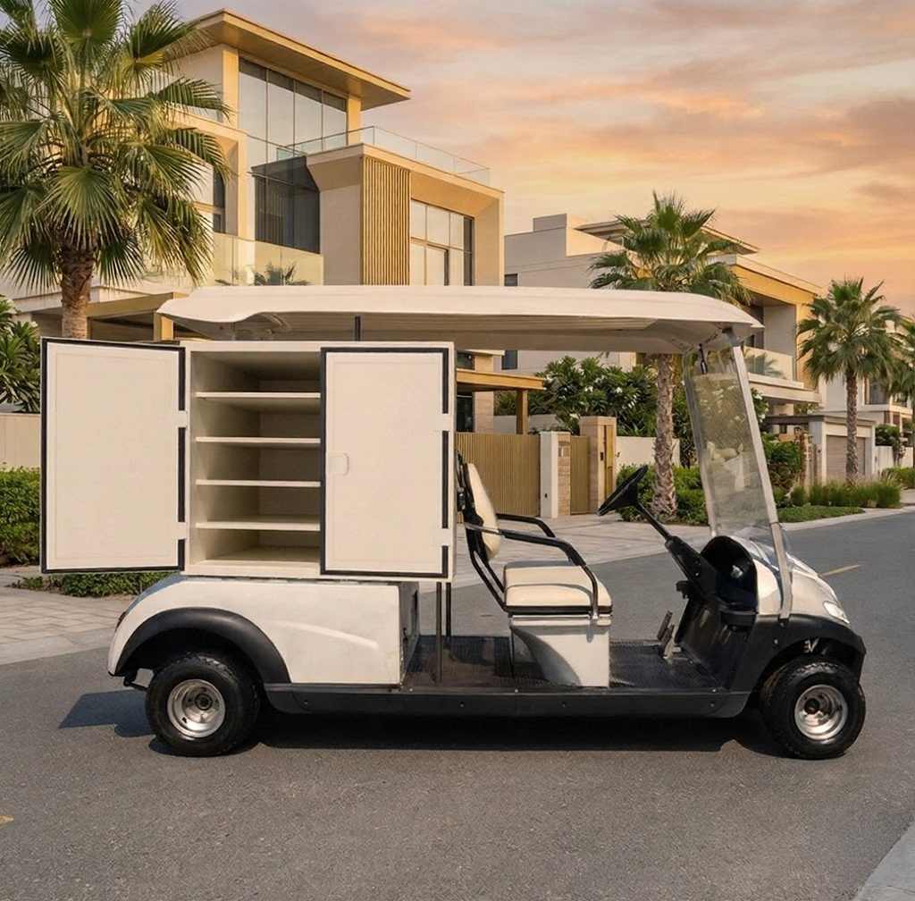 Golf cart with open doors in a modern residential area with palm trees.