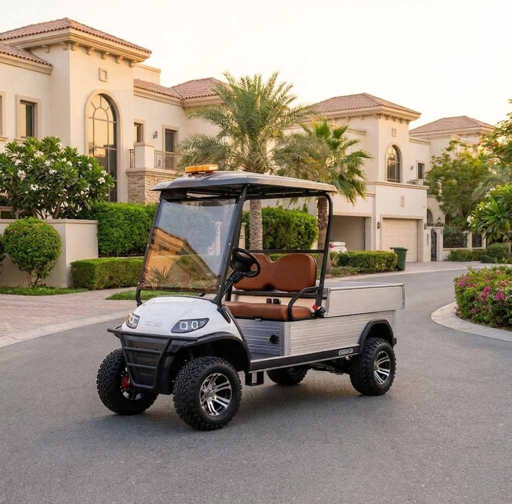 Golf cart on a driveway with a residential background