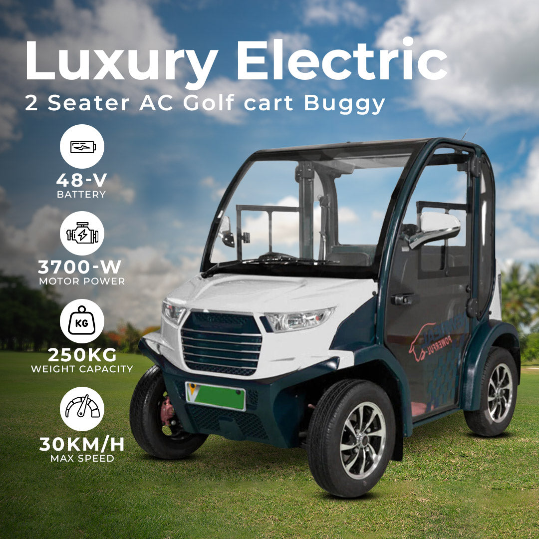 UAE golf  cartz promotional image of a Luxury Electric 2 Seater AC Golf Cart Buggy with a fully enclosed cab, parked on green grass. The white and dark green-blue electric car is highlighted alongside its key specifications: 48-V battery, 3700-W motor power, 250KG weight capacity, and 30KM/H max speed. This two-seater enclosed NEV is shown outdoors in a sunny resort or golf course setting.