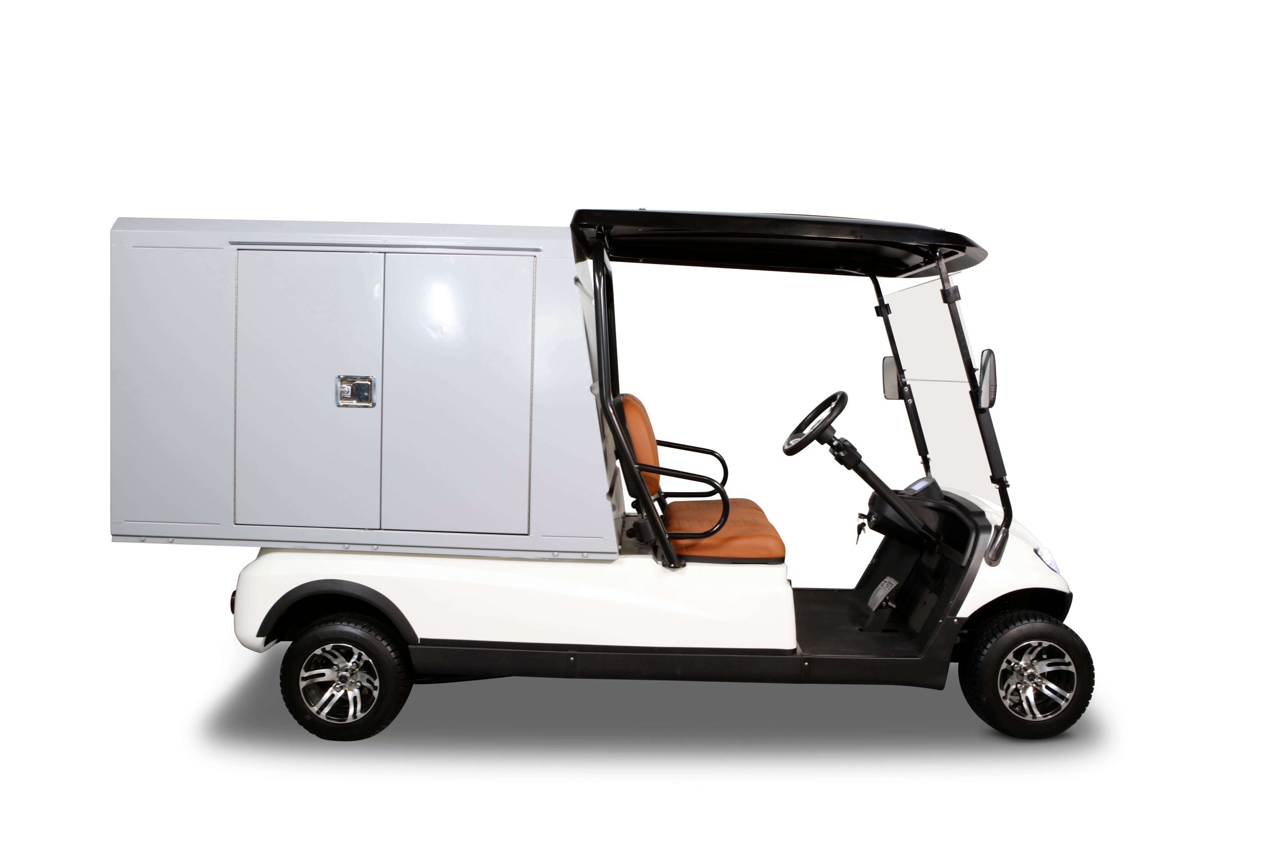 UAE golf cartz side profile studio shot of a white two-seater utility golf cart with a black roof, set against a pure white background. This specialized electric work cart features a large, enclosed grey rear cargo box with double doors and a central lock. The cab area has brown seats and a windshield. The electric service vehicle is equipped with custom silver and black wheels, highlighting its function for secure maintenance and delivery tasks.