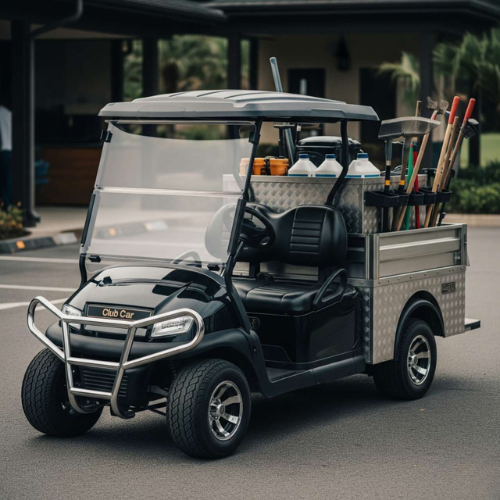 Black golf cart with various items in a driveway